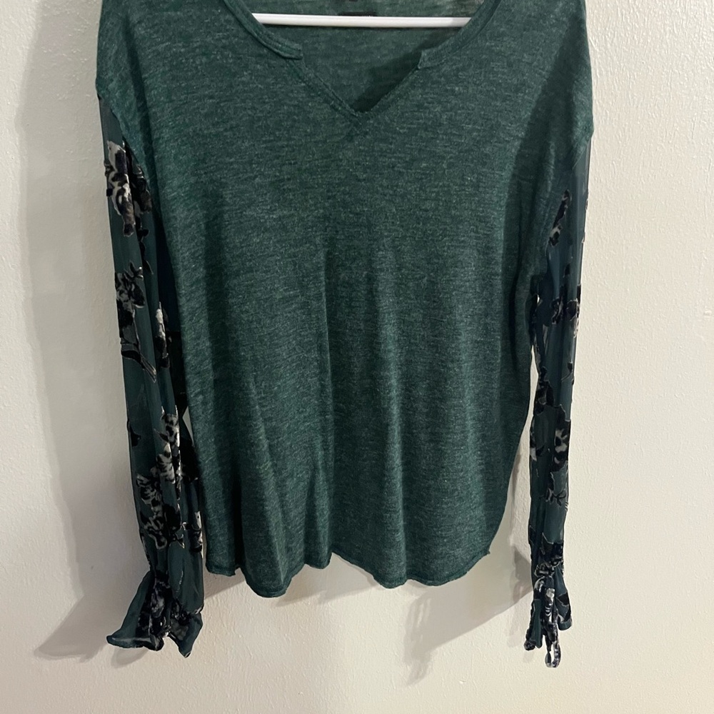 Miss Me Teal Long Sleeve Top with Floral Accents